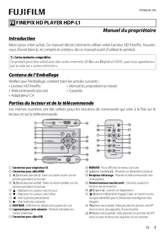 Mode d'emploi FUJIFILM FINEPIX HD PLAYER HDP-L1