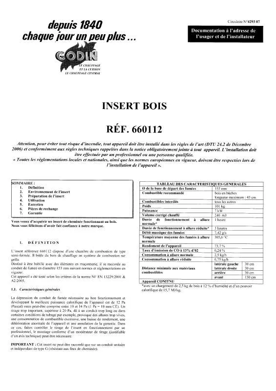 Mode d'emploi GODIN 660112 INSERT BOIS