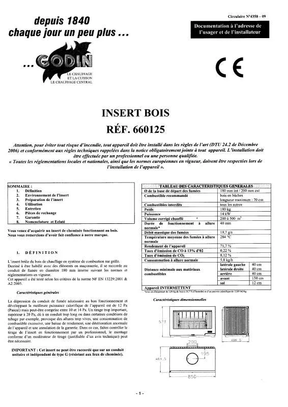 Mode d'emploi GODIN 660125 INSERT BOIS