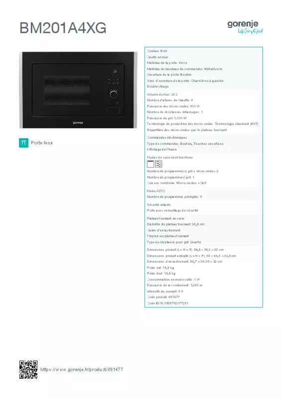 Mode d'emploi GORENJE BM201A4XG