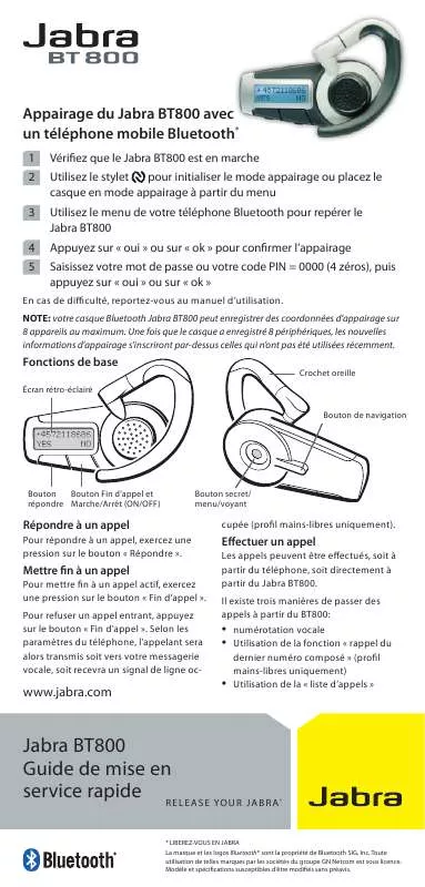 Mode d'emploi JABRA BT800