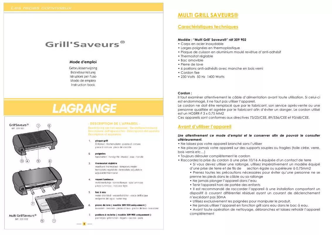 Mode d'emploi LAGRANGE GRILL SAVEURS