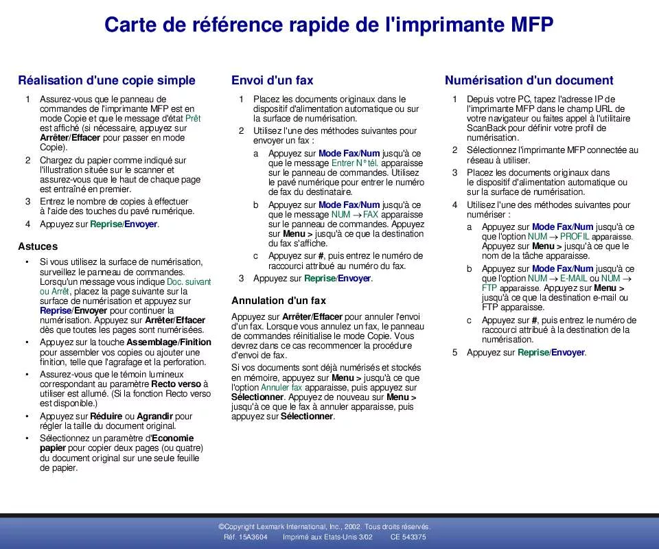 Mode d'emploi LEXMARK 3100 MFP OPTION