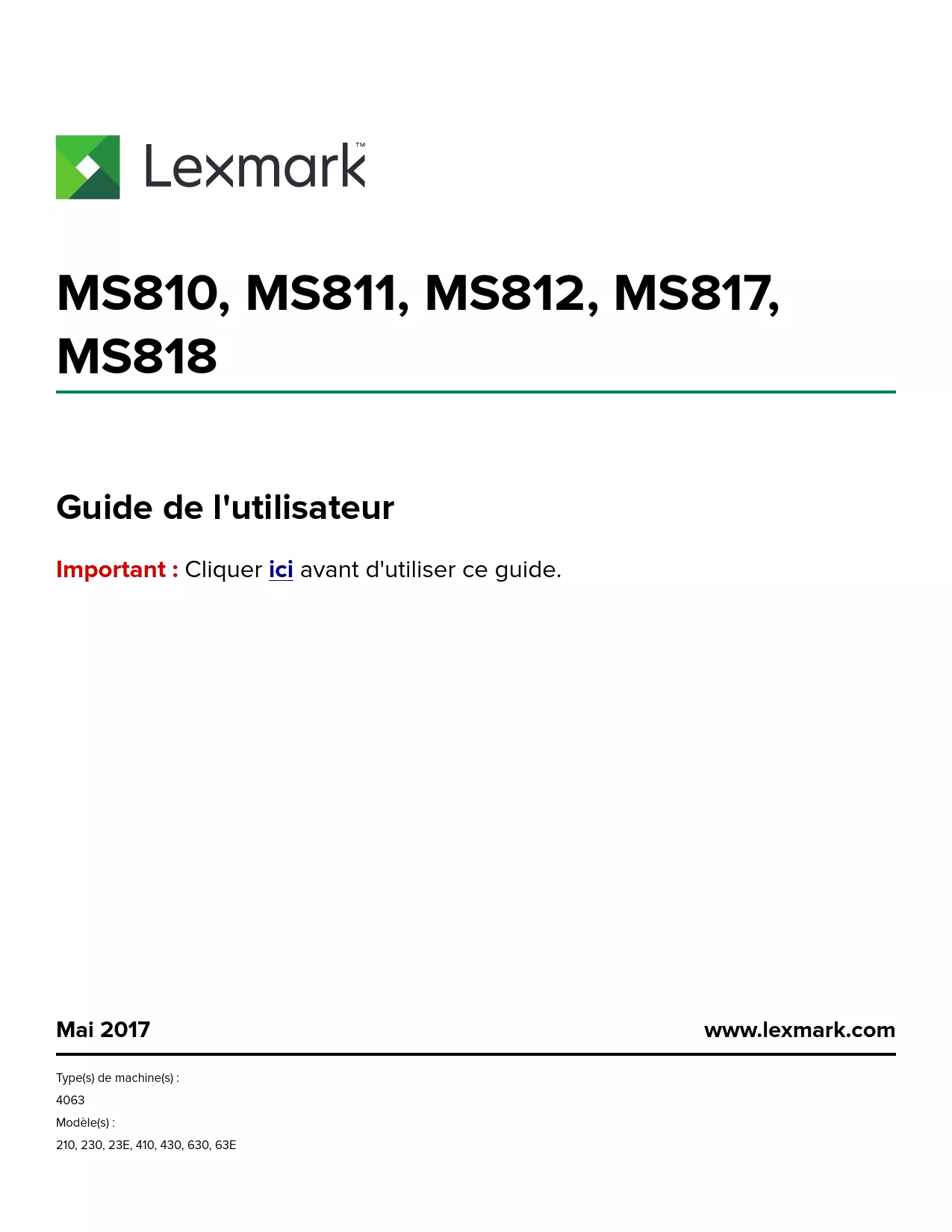 Mode d'emploi LEXMARK MS818DN