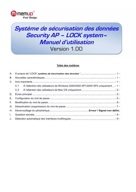 Mode d'emploi MEMUP LOGICIEL DE SECURITE CLE USB