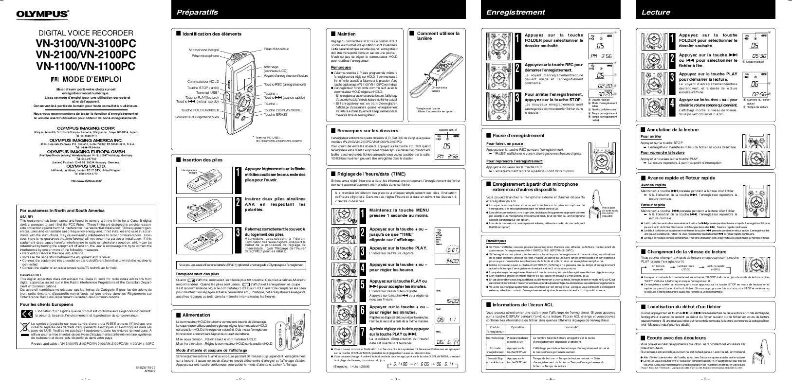 Mode d'emploi OLYMPUS VN-1100PC