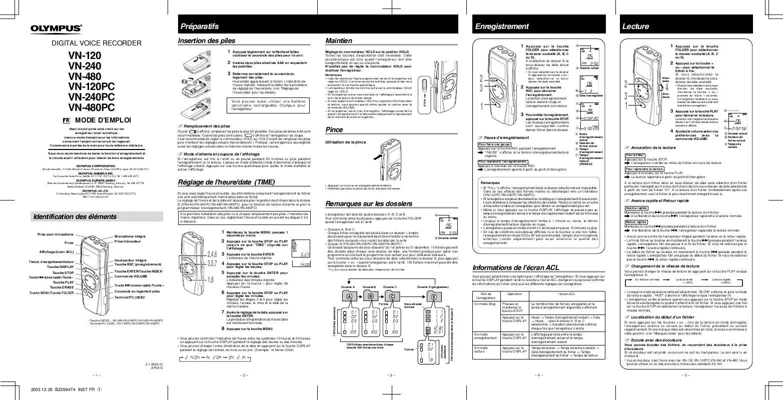 Mode d'emploi OLYMPUS VN-480 PC