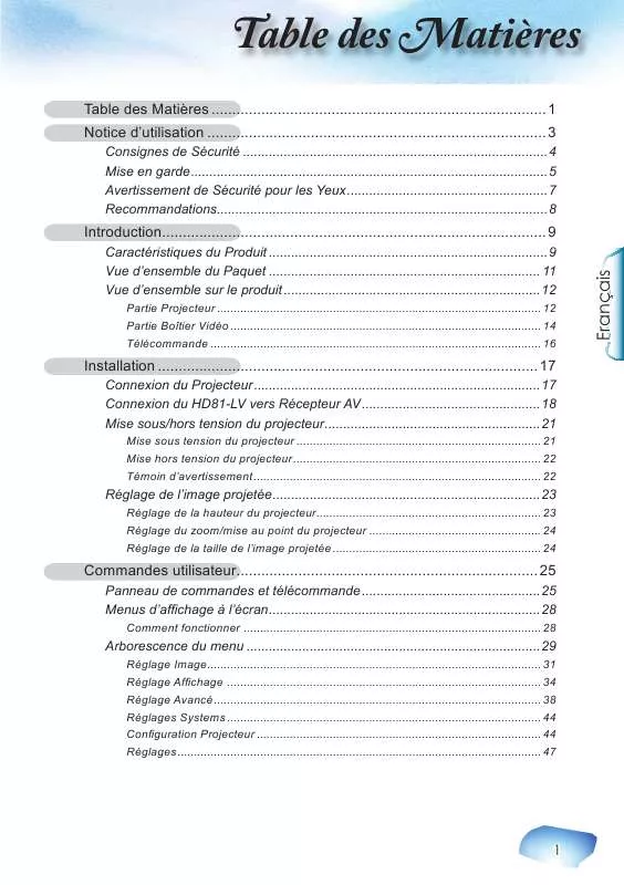 Mode d'emploi OPTOMA HD81-LV