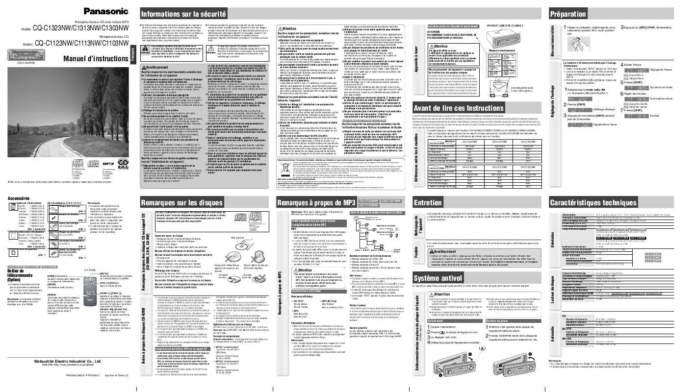 Mode d'emploi PANASONIC CQ-C1103NW