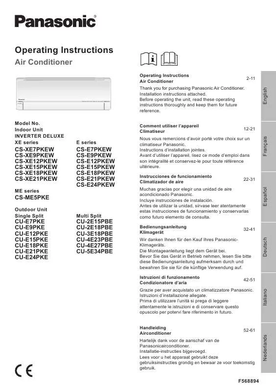 Mode d'emploi PANASONIC CS-XE15PKEW