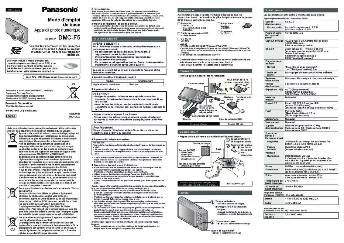 Mode d'emploi PANASONIC LUMIX DMC-F5EF