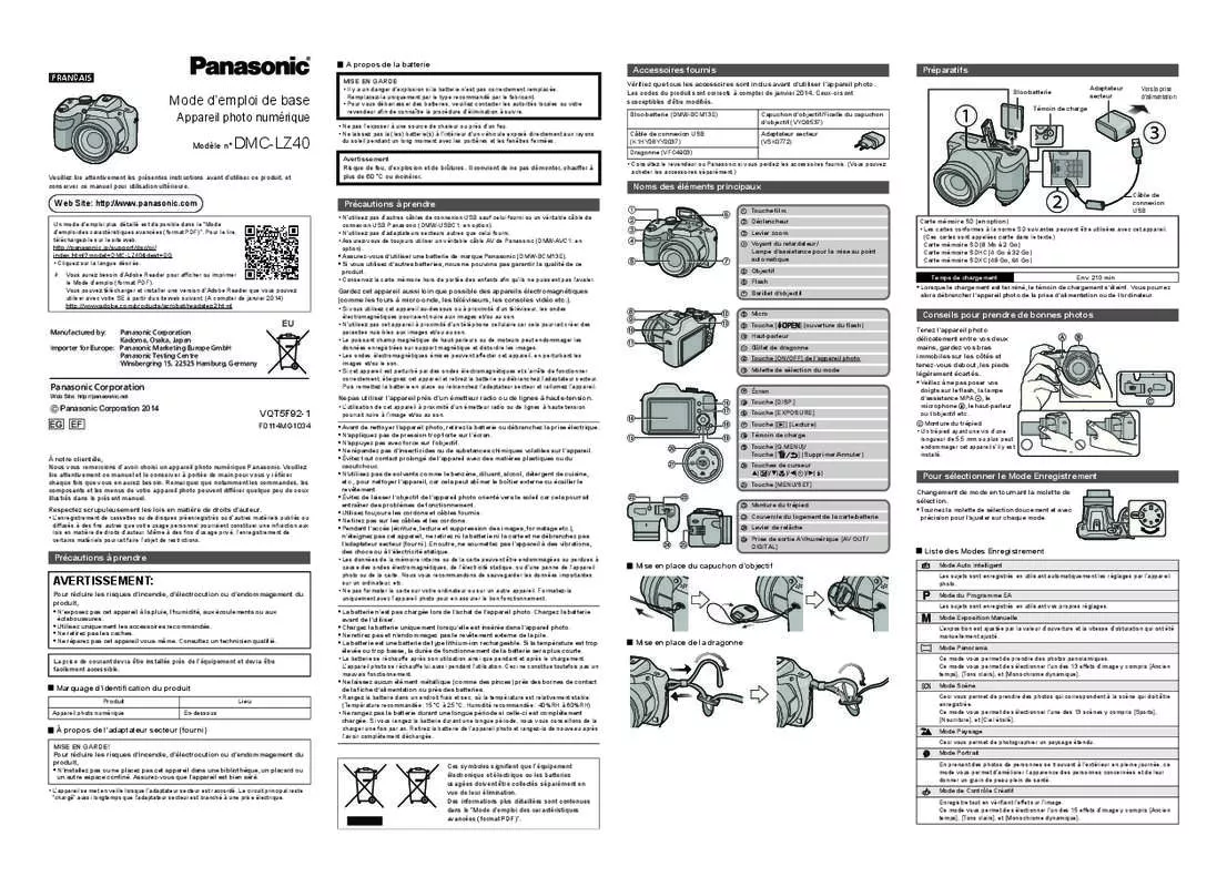 Mode d'emploi PANASONIC LUMIX DMC-LZ40EG