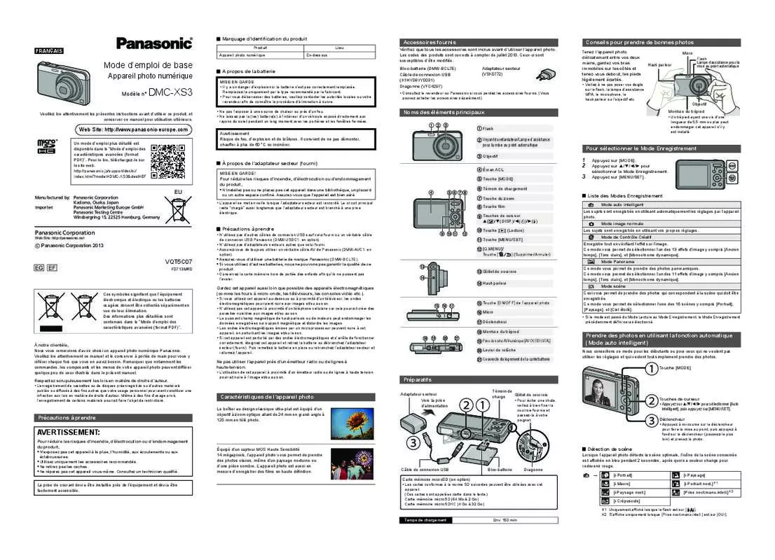 Mode d'emploi PANASONIC DMC-XS3EG