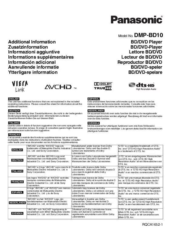 Mode d'emploi PANASONIC DMP-BD10AGN