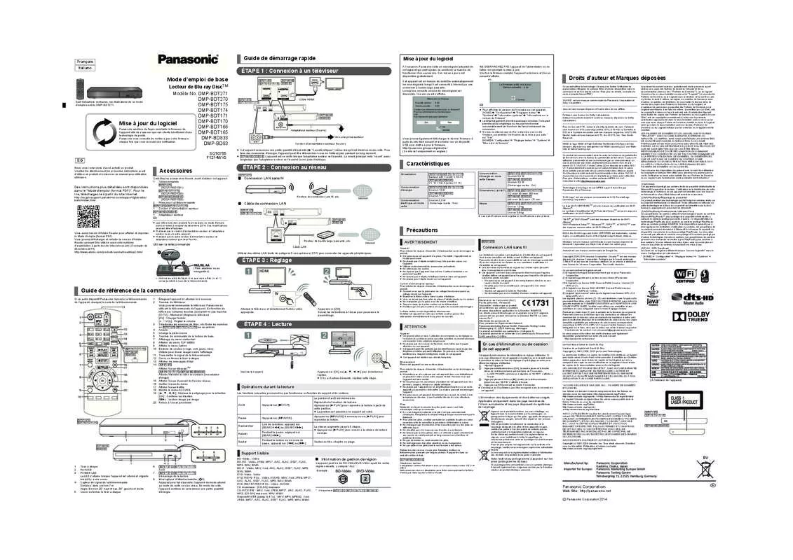 Mode d'emploi PANASONIC DMP-BD833EG