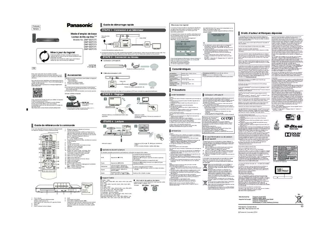 Mode d'emploi PANASONIC DMP-BDT373EG