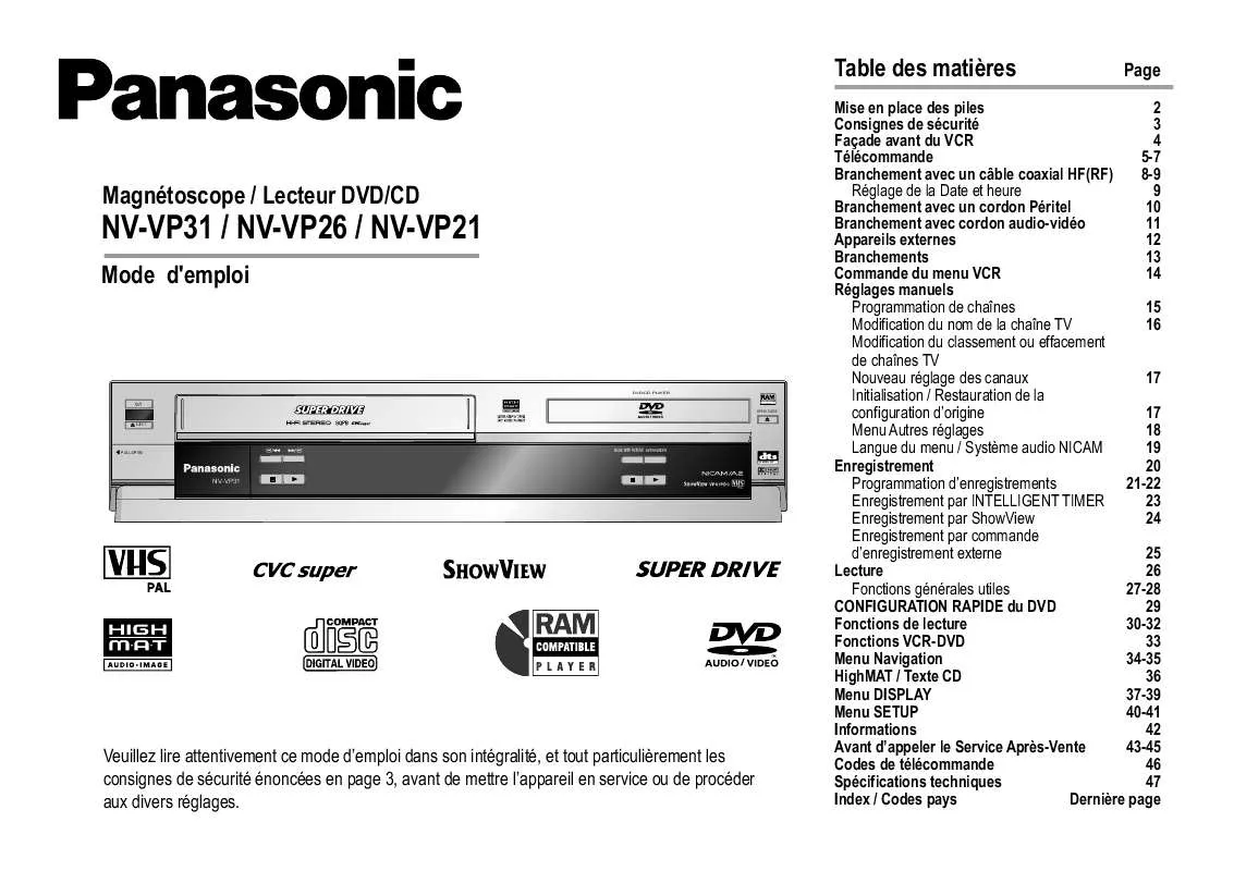 Mode d'emploi PANASONIC NVVP21EC