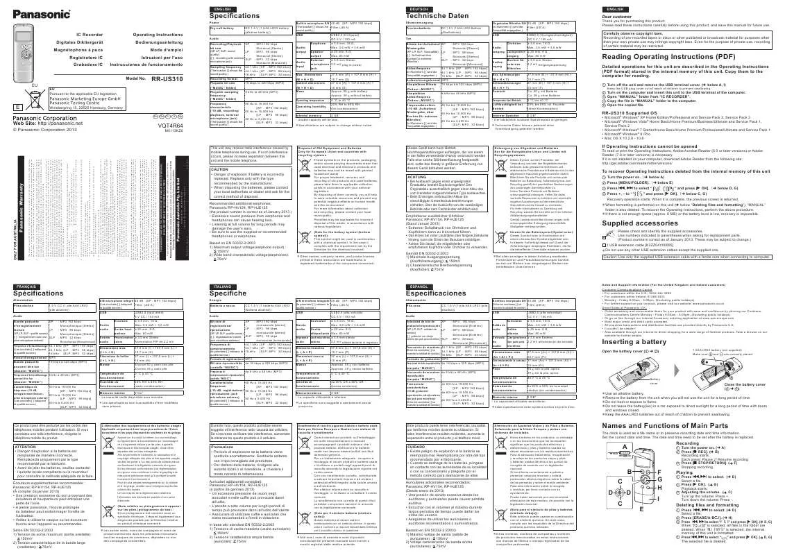 Mode d'emploi PANASONIC RR-US310E