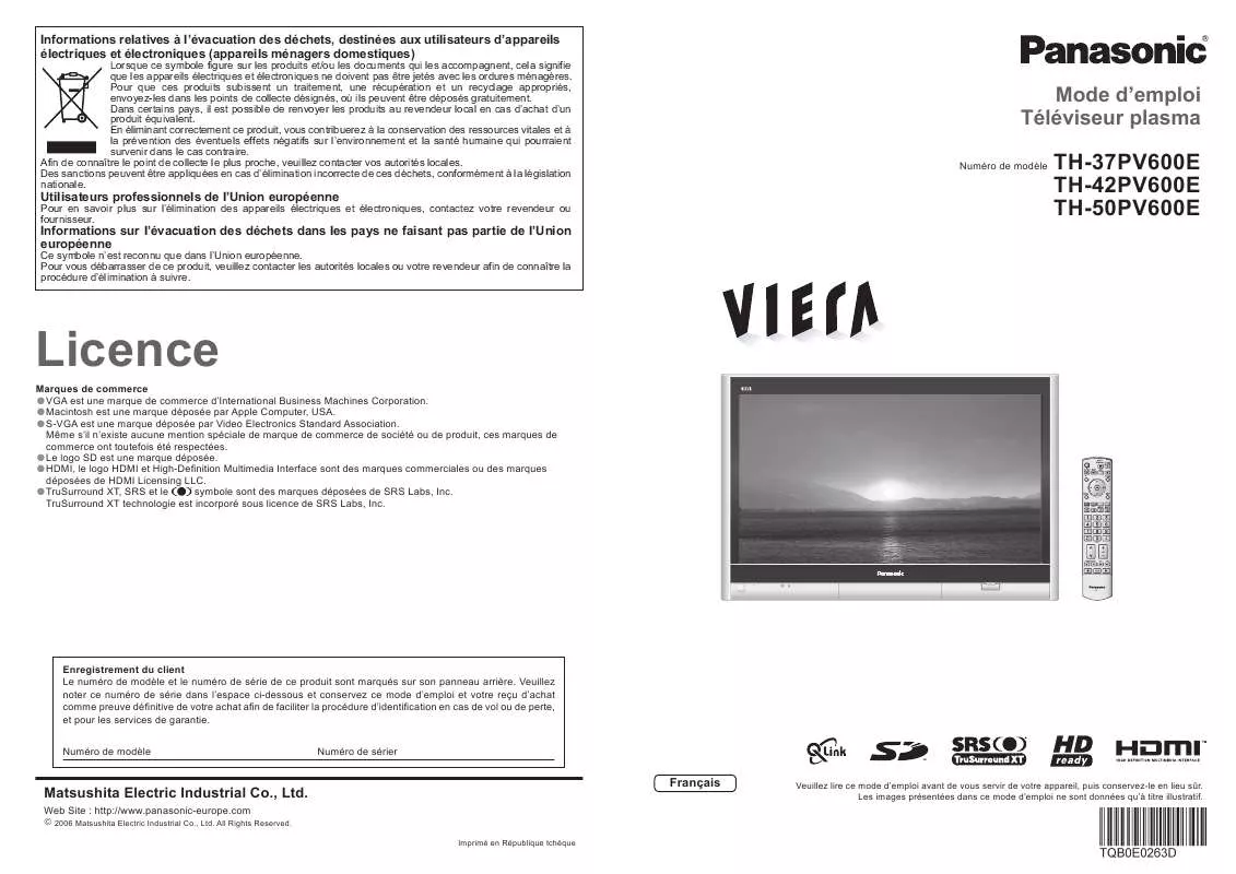 Mode d'emploi PANASONIC TH-37PV600E