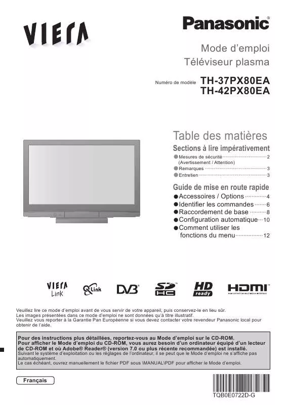 Mode d'emploi PANASONIC TH-37PX80EA