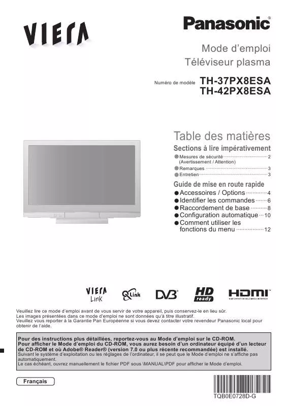 Mode d'emploi PANASONIC TH-37PX8ESA