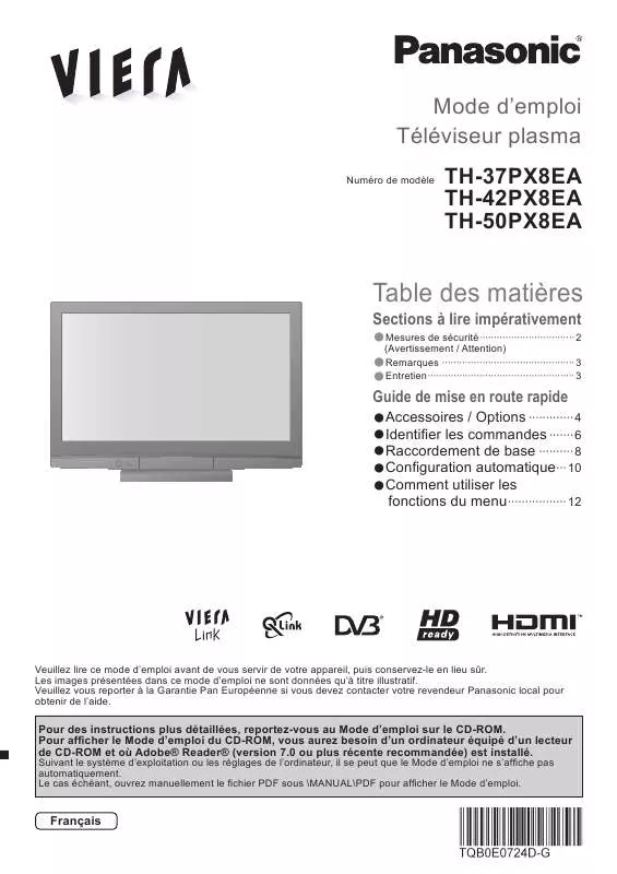 Mode d'emploi PANASONIC TH-42PX8EA