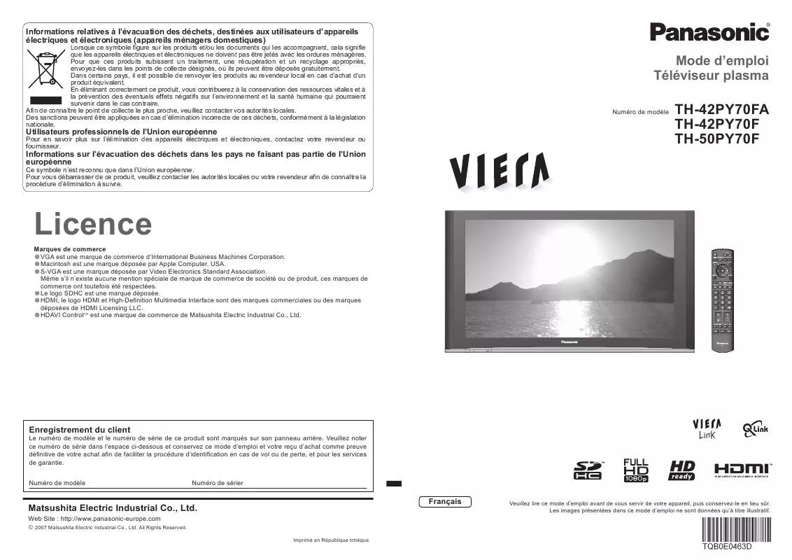 Mode d'emploi PANASONIC TH-42PY70FA