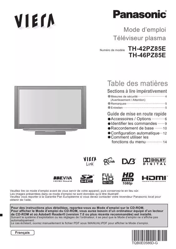 Mode d'emploi PANASONIC TH-42PZ85E