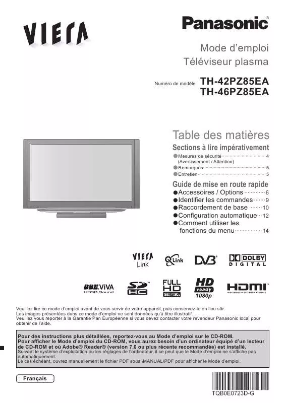 Mode d'emploi PANASONIC TH-42PZ85EA