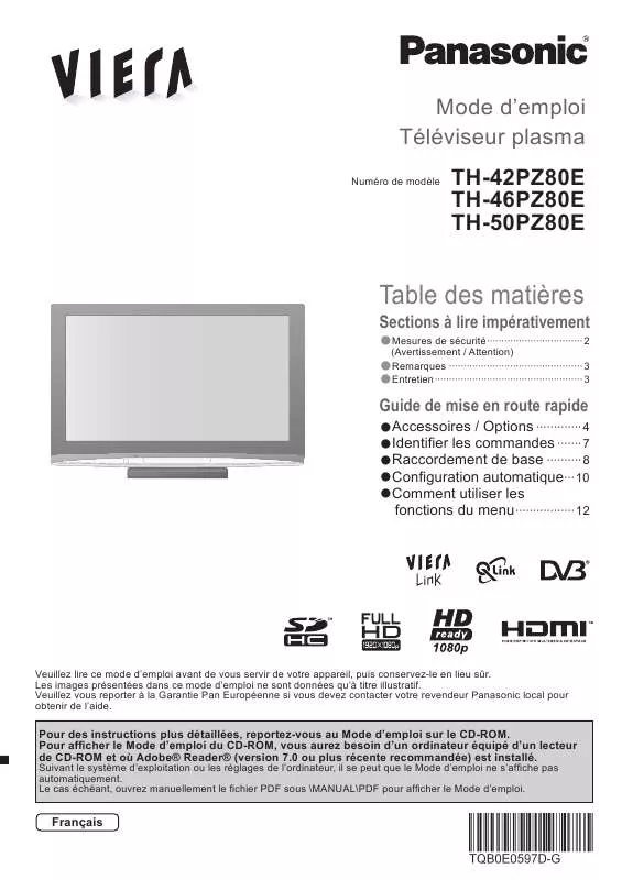 Mode d'emploi PANASONIC TH-46PZ80E