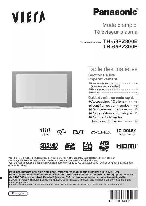 Mode d'emploi PANASONIC TH-65PZ800E