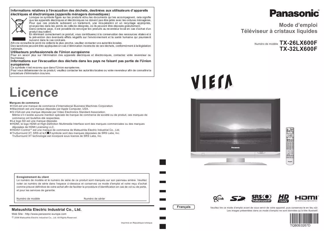 Mode d'emploi PANASONIC TX-26LX600F