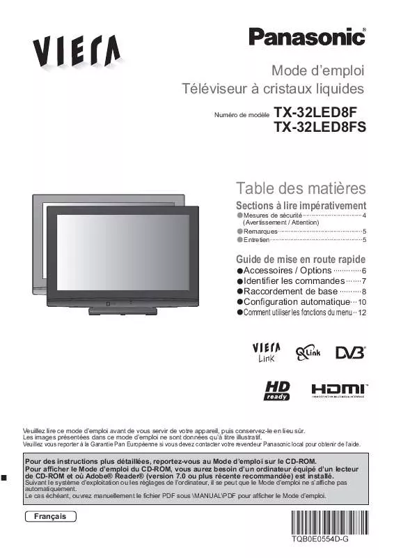 Mode d'emploi PANASONIC TX-32LED8F