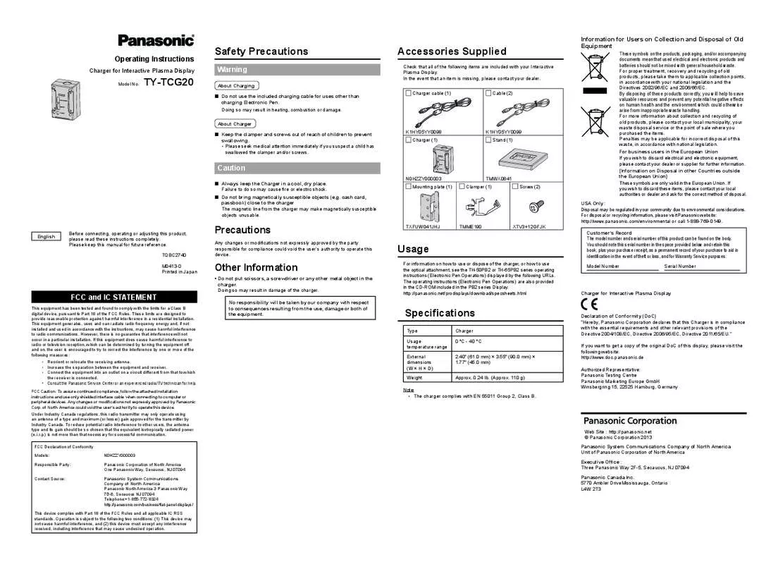 Mode d'emploi PANASONIC TY-TCG20