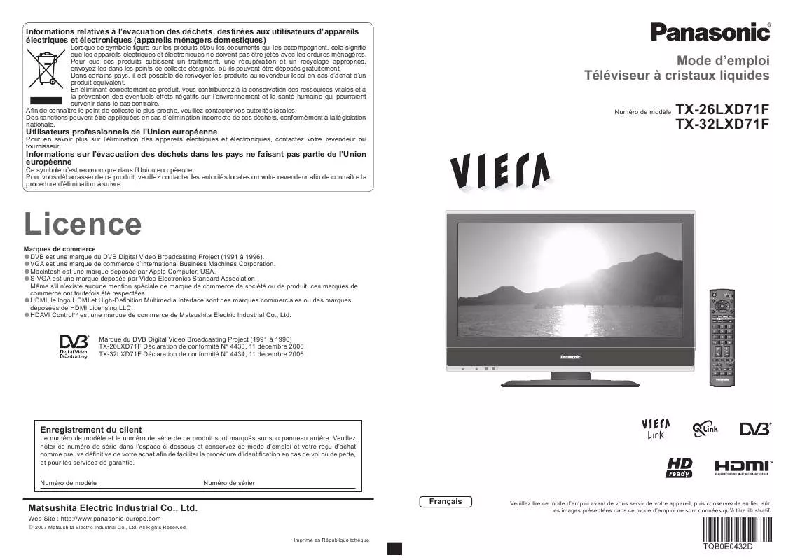 Mode d'emploi PANASONIC VIERA TX-26LXD71P