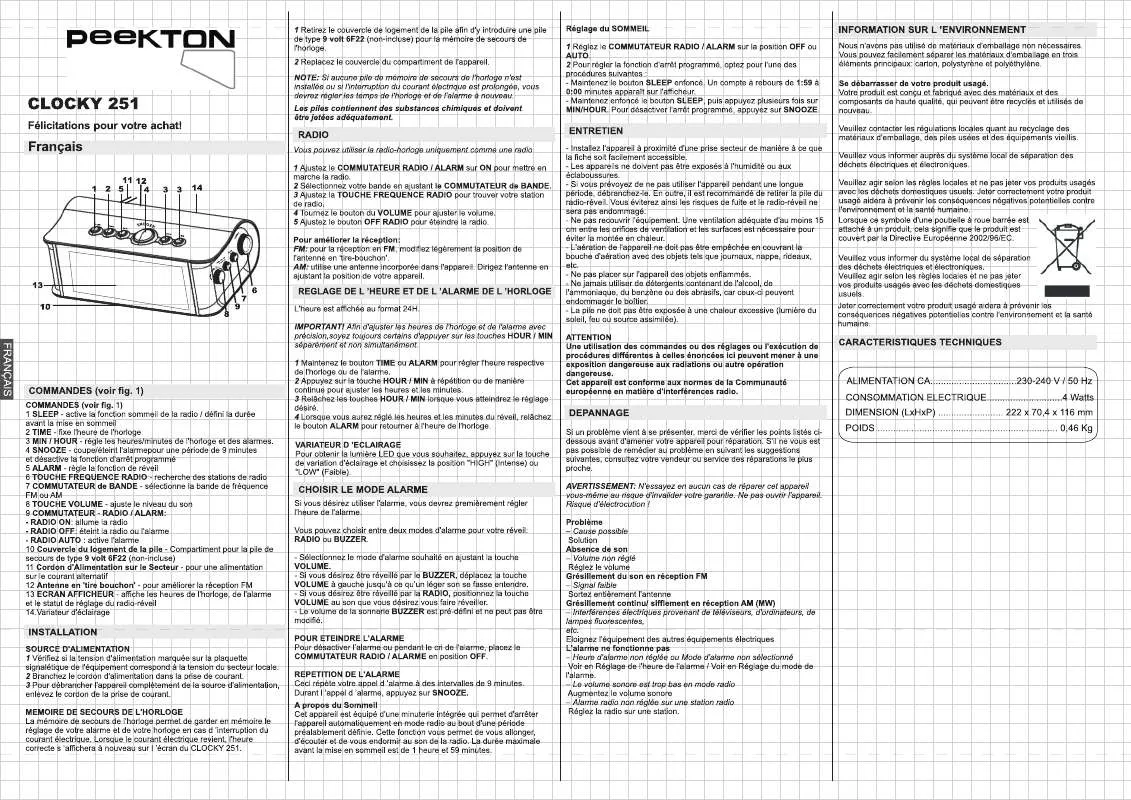 Mode d'emploi PEEKTON CLOCKY 251