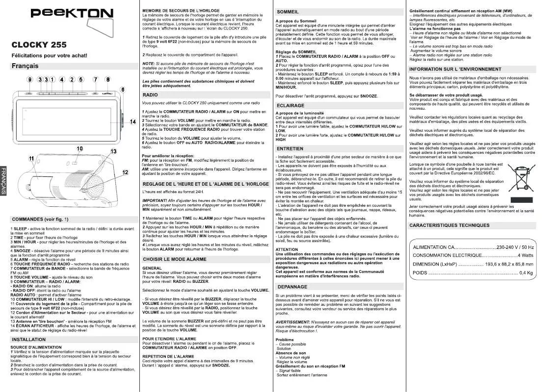 Mode d'emploi PEEKTON CLOCKY 255