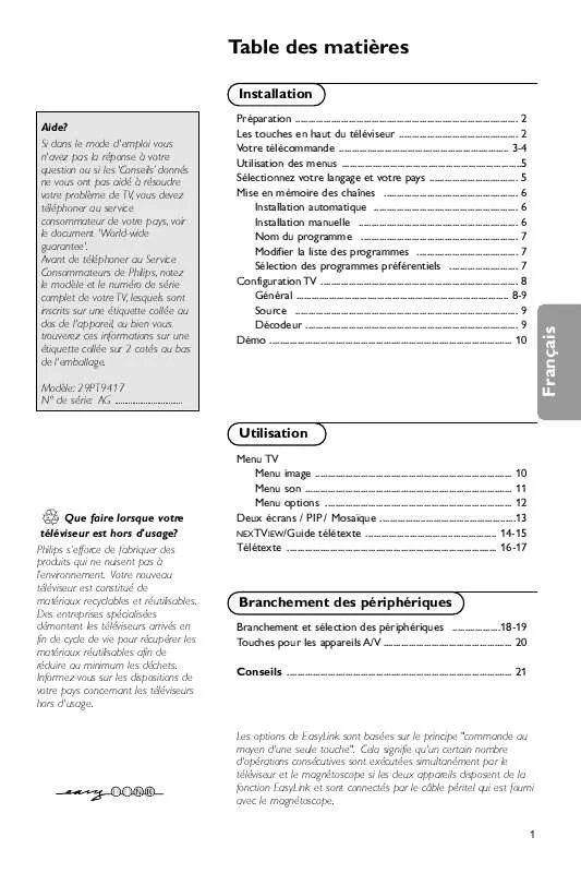 Mode d'emploi PHILIPS 29PT9417