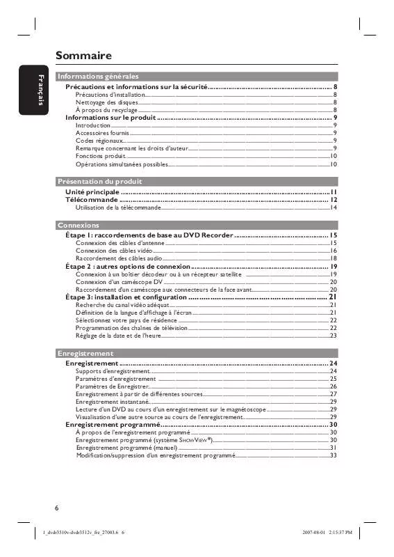 Mode d'emploi PHILIPS DVDR3512V