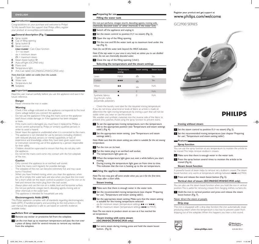 Mode d'emploi PHILIPS GC 2910