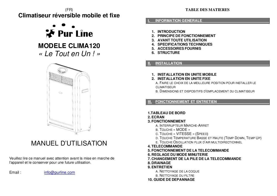 Mode d'emploi PUR LINE CLIMA120