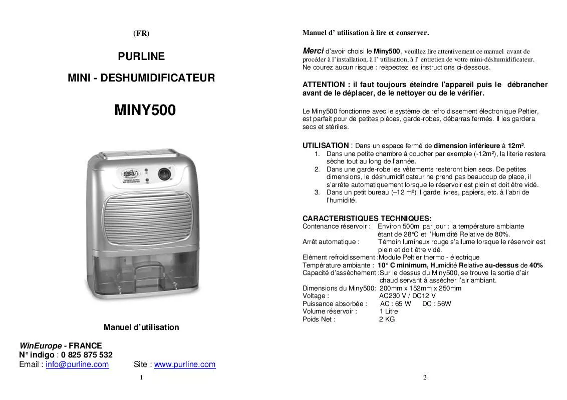 Mode d'emploi PUR LINE MINY 500