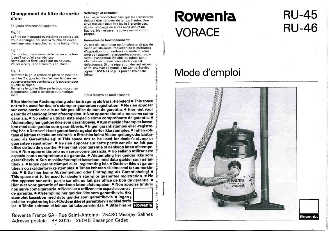 Mode d'emploi ROWENTA RU 45 VORACE