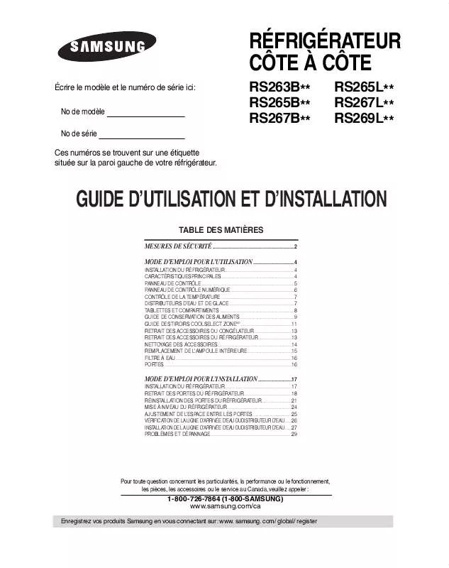 Mode d'emploi SAMSUNG RS267LBBP-XAC