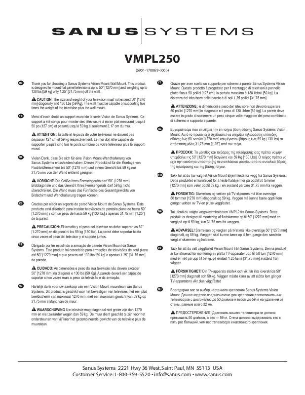 Mode d'emploi SANUS VISIONMOUNT FLAT PANEL WALL MOUNT-VMPL250