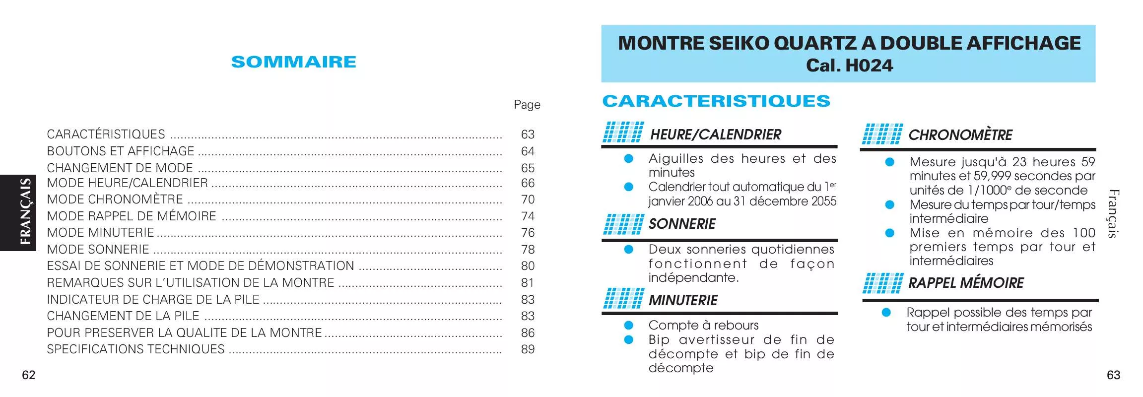 Mode d'emploi SEIKO H024