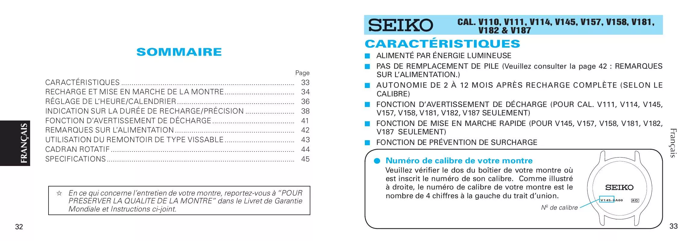 Mode d'emploi SEIKO V182