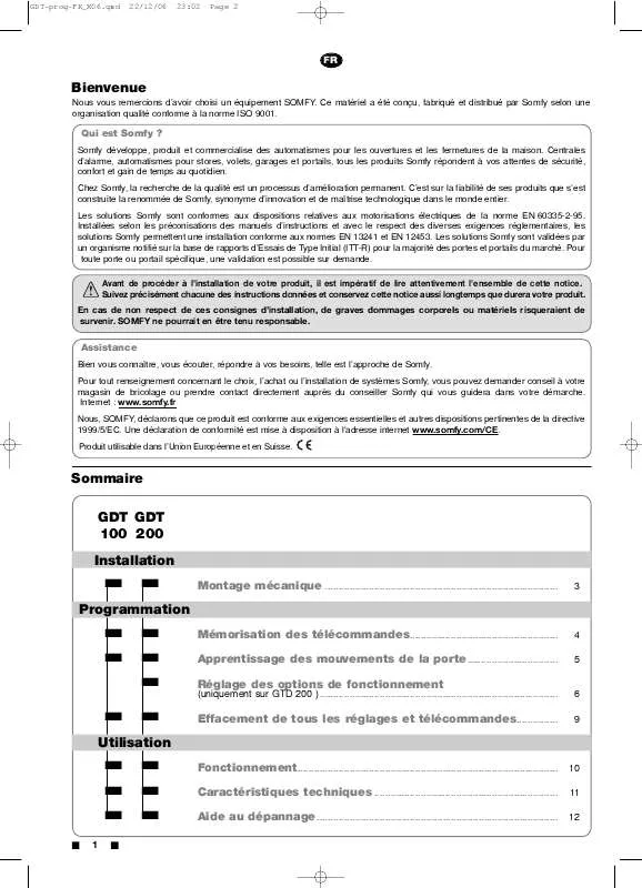 Mode d'emploi SOMFY GDT 100