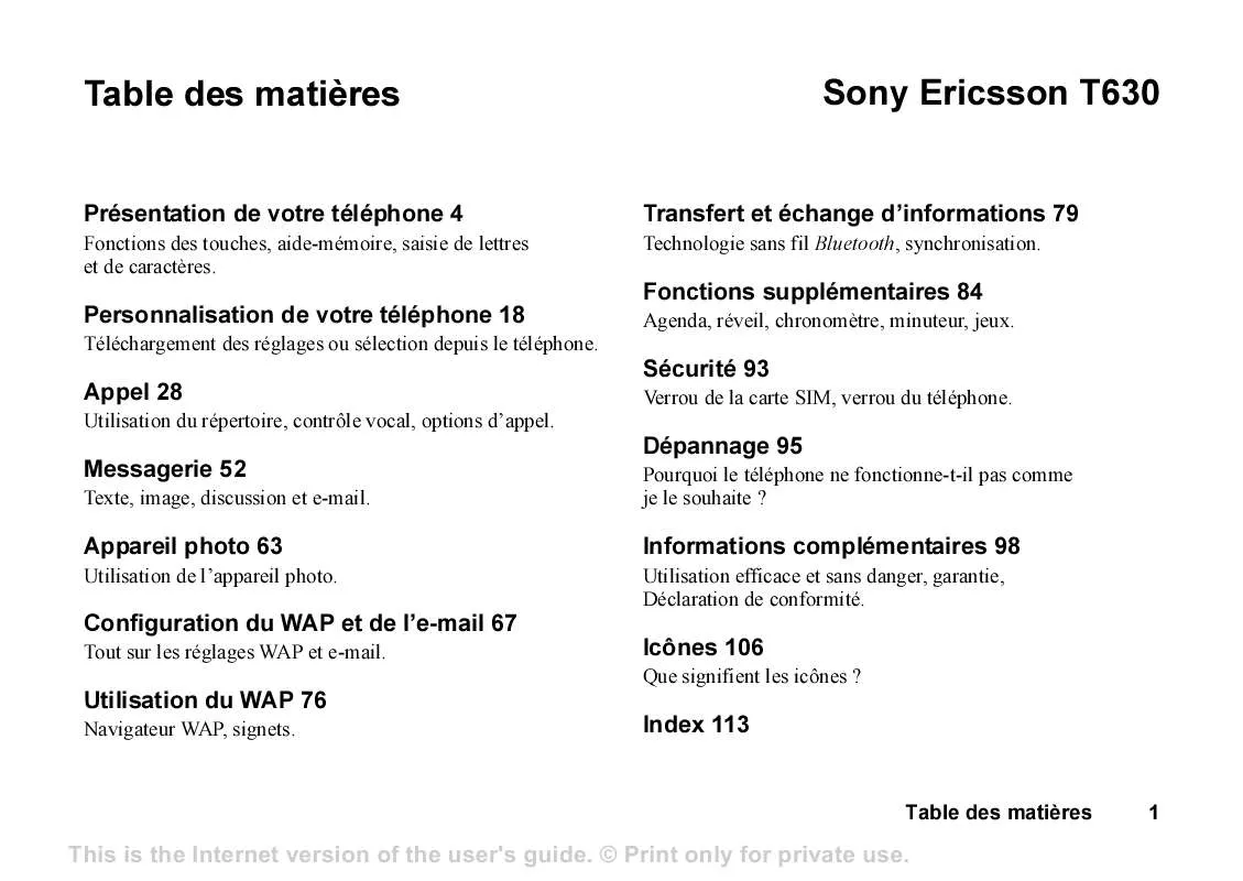 Mode d'emploi SONY ERICSSON T630