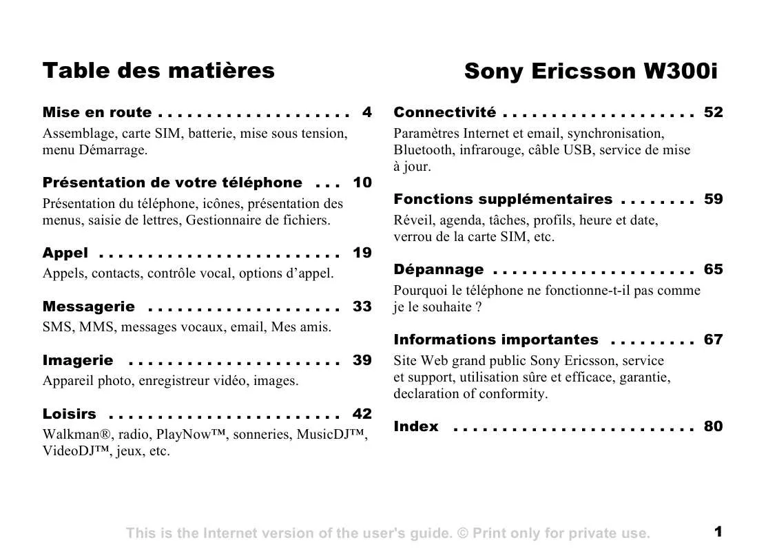 Mode d'emploi SONY ERICSSON W300I